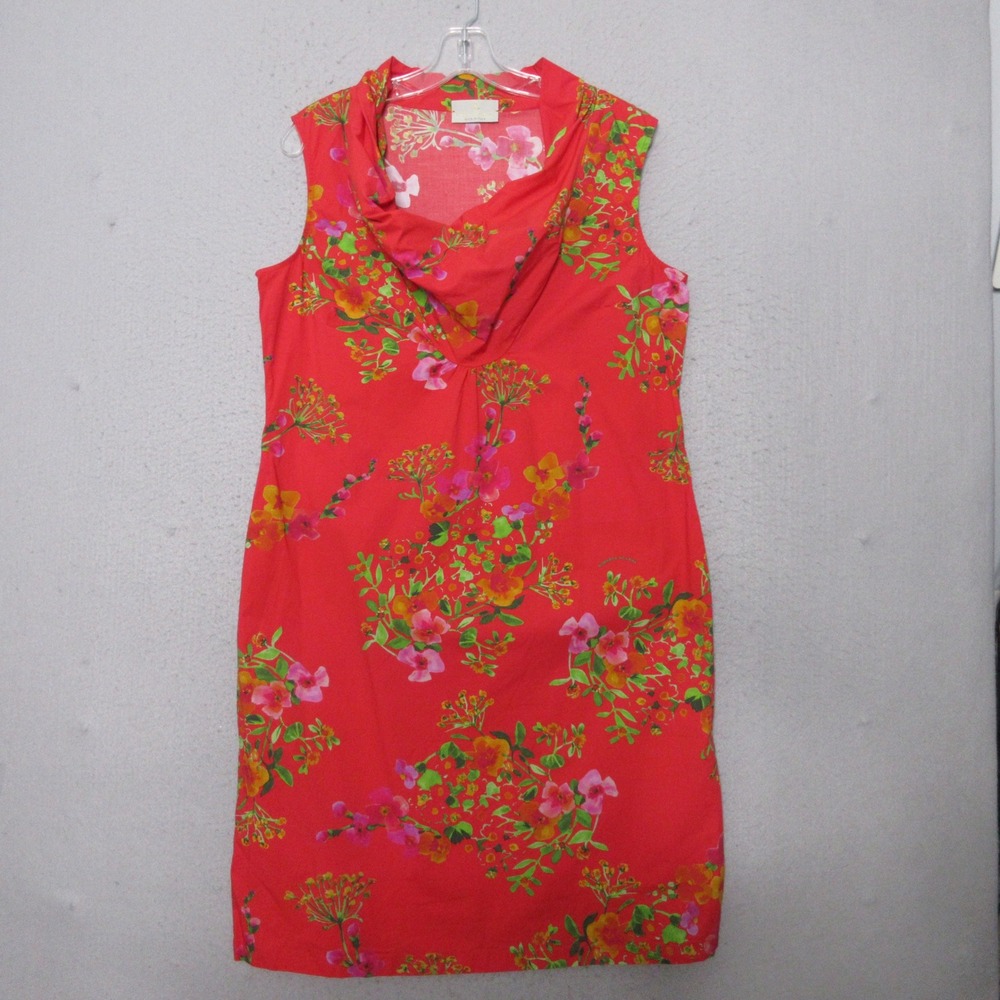 Roberta Scarpa Dress 46 Floral Cowl Neck Italian Cotton Red Sheath Garden Chic